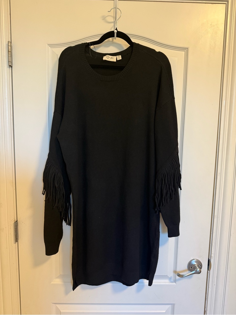 Harlow Black Fringe Sleeve Crewneck Sweater Dress